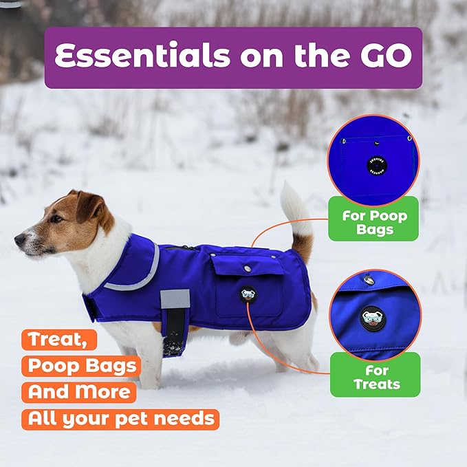 Joyride Harness FrostFlex Dog Winter Jacket - Fleece Lined & Water-Resistant - Snowsuit with Pockets for Treats & Poop Bags - Durable Cold Weather Dog Coat - Blue Serenity-XL