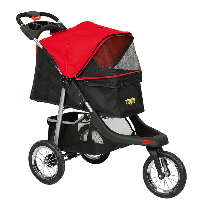 VIAGDO Premium Heavy Duty Dog Stroller for Small Medium Dogs & Cats, 3-Wheel Pet Stroller, Foldable Cat Strollers with Suspension System/Link Brake/One-Hand Fold, Max. Loading 55 LBS Black Red