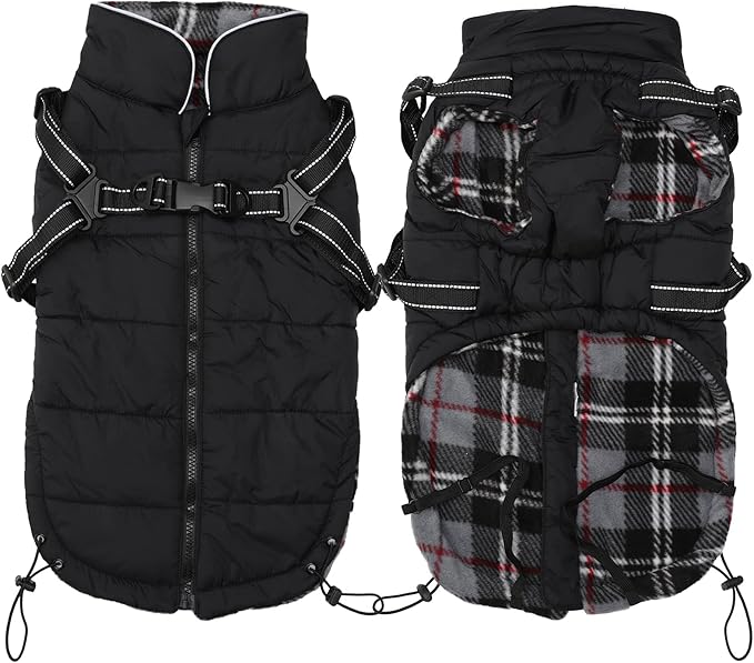 Geyecete Warm Waterproof Winter Dog Coat With Harness Traction Belt - Pet Outdoor Jacket for Autumn and Winter - Medium, Small Dogs - Black-M