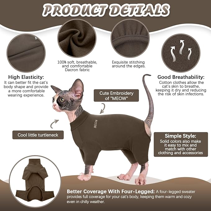 ROZKITCH Hairless Cat Shirt, Turtleneck Sweater for Cat, Sphynx Cats Shirt Hairless Sweaters with Sleeves, Warm and Soft Kitten Pullover Fleece Winter Pajamas Jumpsuit for Puppy Cats Coffee S