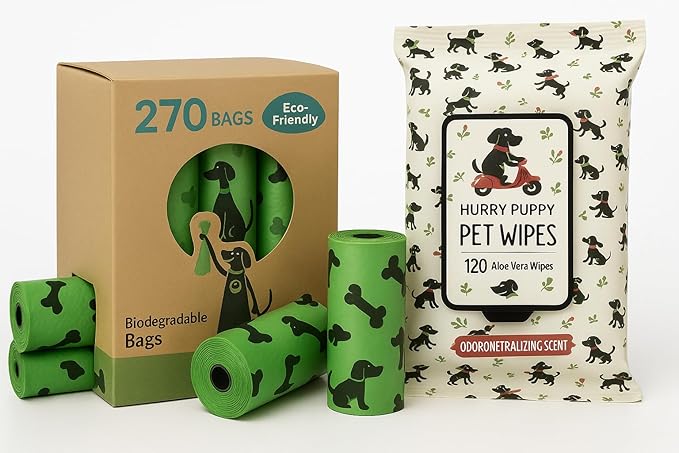 Pet Waste Bags and Wet Wipes Bundle, 270 Biodegradable Bags, 120 Aloe Vera Wipes