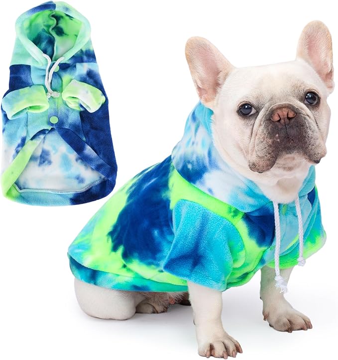 Dog Hoodie Tie Dye Dog Sweatshirt Chic Winter Clothes Ultra-Soft Warm Sweaters for Small Medium Dogs Fashion Pet Clothes for Dogs (Blue/Yellow/Green, L (Back: 14.96",Chest: 19.68", Neck: 16.53"))