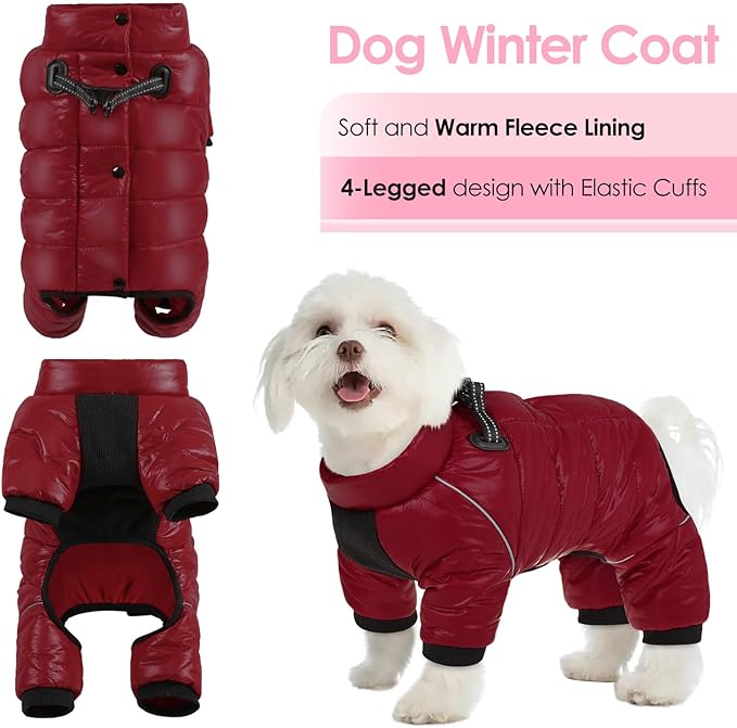 AOFITEE Dog Coat, Waterproof Dog Winter Jacket, Warm Fullbody Dogs Snowsuit, Winter Coat for Small Dogs, Zip Up Pet Puffer Jacket Fleece Vest, Outdoor Reflective Cold Weather Pet Coats, Christmas Red