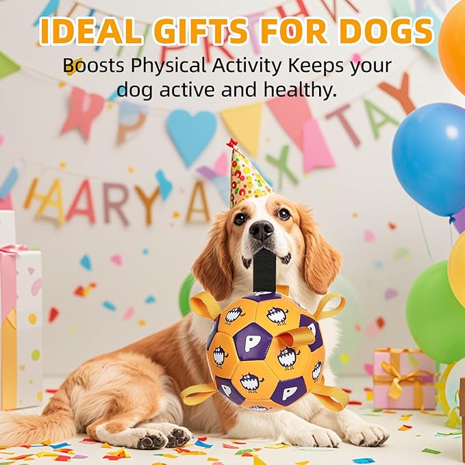 Dog Toys Soccer Ball, Soccer Ball with Straps, Interactive Dog Toys for Tug of War, Dog Water Toy, Durable Dogs Balls for Small Medium & Large Dogs