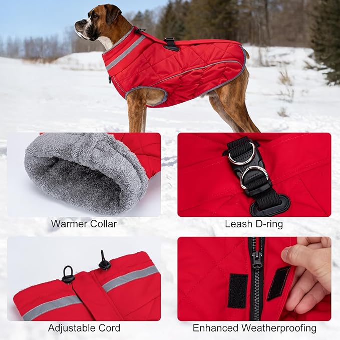 Dog Coat, Warm Dog Winter Coat for Small Dogs, Waterproof Jacket with Harness Built in, Reflective Turtleneck Cold Weather Coats with Zipper,Pet Fleece Vest Snow Jacket, Red XS