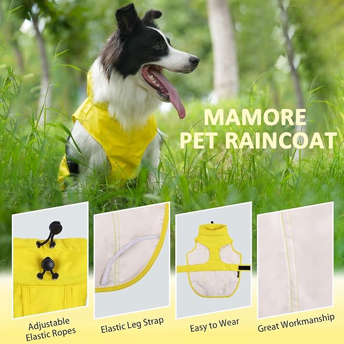 Waterproof Dog Raincoat, Adjustable Lightweight Dog Rain Jacket with Reflective Strip Leash Hole for Small Medium Large Dogs (Yellow, XX-Large(55-77lb))