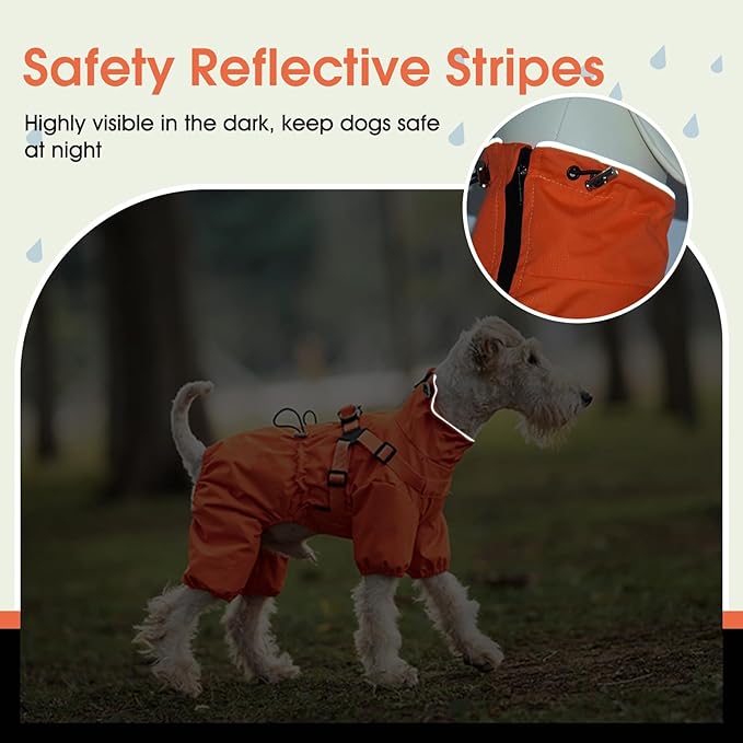 BRKURLEG Dog Raincoat for Small Dogs, Small Dog Rain Jacket with Harness Built in, Waterproof 4 Legs Pet Raincoats, Puppy Outdoor Jacket with Reflective Strip, Orange, XXL