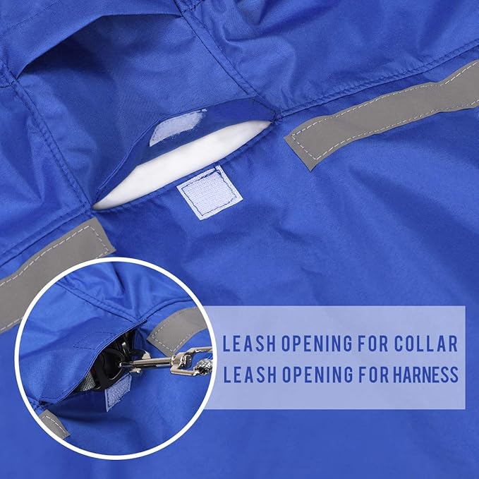 Dog Rain Jacket Raincoat with Adjustable Belly Strap and Leash Hole - Hoodie with Reflective Strip - Waterproof Slicker Lightweight Breathable for Medium Large Dogs - Easy to Wear, Blue 6XL