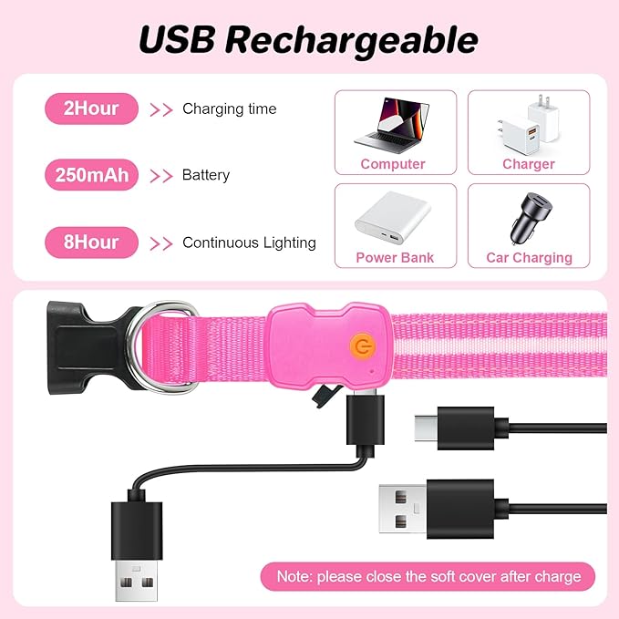PcEoTllar Light Up Dog Collars, Led Dog Collar, Rechargeable, Night Walking, Waterproof, Glow in The Dark Dog Collars Light for Large Small Medium Dogs, Pink s