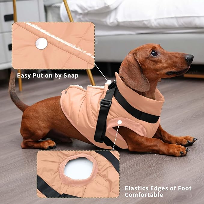Dog Jacket with Harness,Fleece Lined Warm Puppy Coat for Winter,Soft Windproof Small Dog Vest,LightOrange XS