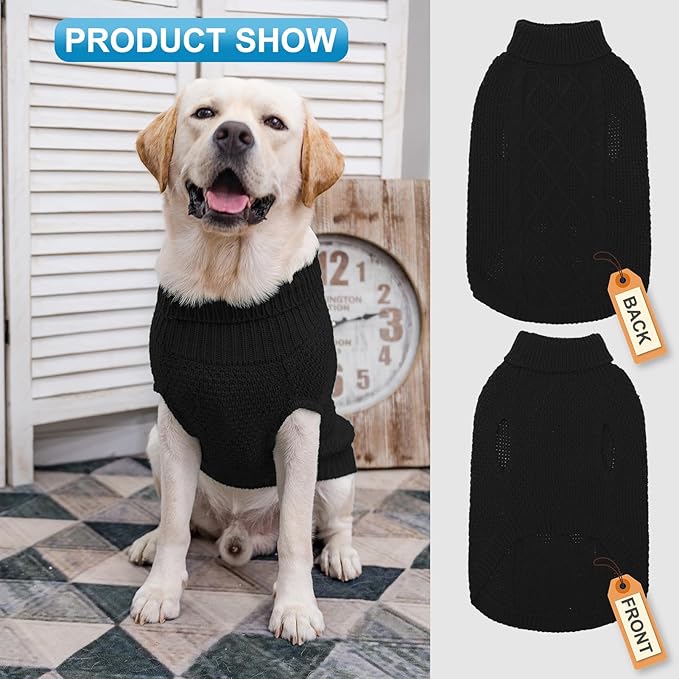 Mihachi Turtleneck Dog Sweater - Winter Coat Apparel Classic Cable Knit Clothes with Leash Hole for Cold Weather, Ideal Gift for Pet in New Year Black Large