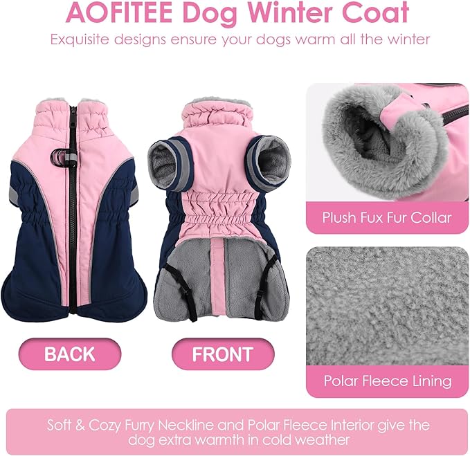 AOFITEE Dog Coat- Two Legged Extra Large Dog Winter Jacket - Zipper Dogs Cold Weather Coat with Harness, Warm Pet Puffer Jackets Reflective Pet Snow Coats for Golden Retriever, Weimaraner, PinkNavy2XL