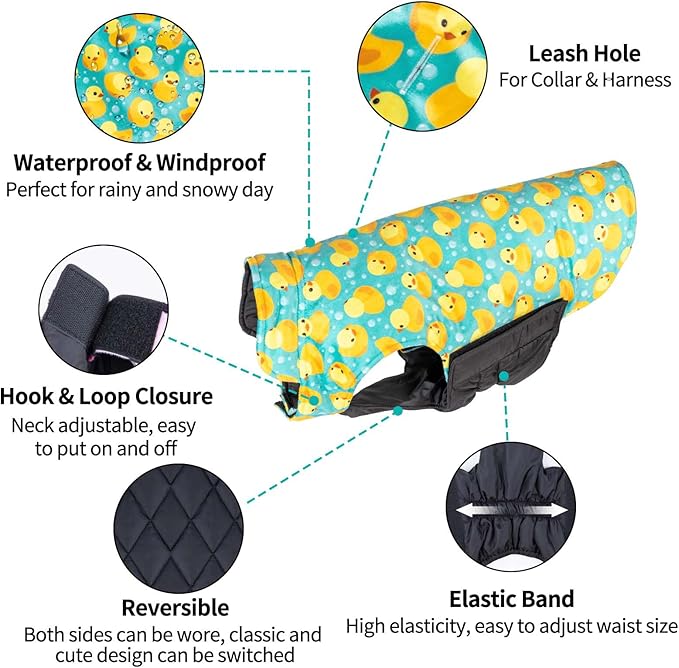 CuteBone Winter Dog Coat - Waterproof Windproof Jacket Reversible Vest, Soft Thick Cold Weather Coat with Leash Hole for Small Medium Large Dogs