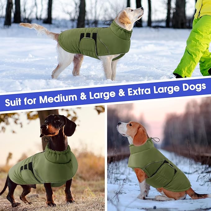 ASENKU Extra Warm Dog Coat - Winter Puffer Jacket with Fleece, Reflective, Adjustable, Zippered Leash Hole for Large Dogs (Green, 2XL)