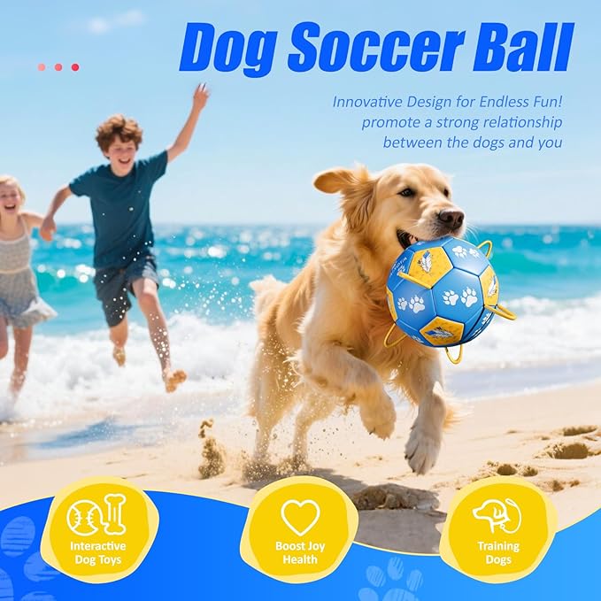 Size 3 Dog Soccer Ball with Straps Durable Training Ball for Pets Interactive Outdoor Dog Toy, Blue & Yellow, Paw Prints and Feather Design, for Medium & Large Puppies