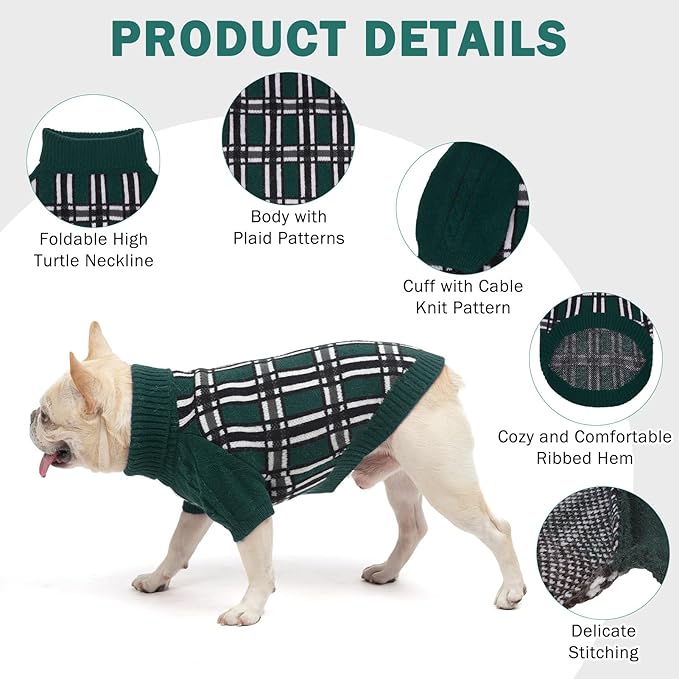 SCENEREAL Turtleneck Dog Sweater for Small Medium Large Dogs Girls Boys, Christmas Plaid Pullover Puppy Sweatershirt, Dogs Cold Weather Outfit Clothes, Ideal Gift for Pet in New Year, Green Plaid M