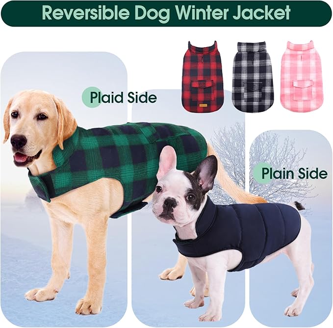 Kuoser Reversible Winter Coat, British Style Jacket for Small Dogs, Warm Windproof Puppy Cold Weather Clothes Vest, Green XS