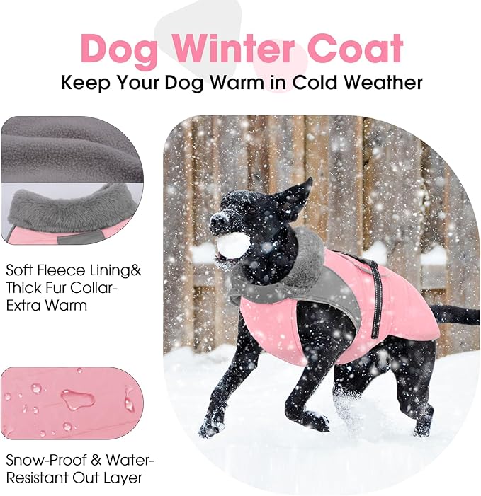 Nanaki Small Dog Coat for Winter Waterproof, Warm Fleece Lining Furry Collar Dog Jacket with Leash Hole, Reflective Adjustable Cold Weather Puppy Pet Snow Jacket Vest Outdoor Walking Hunting, Pink M