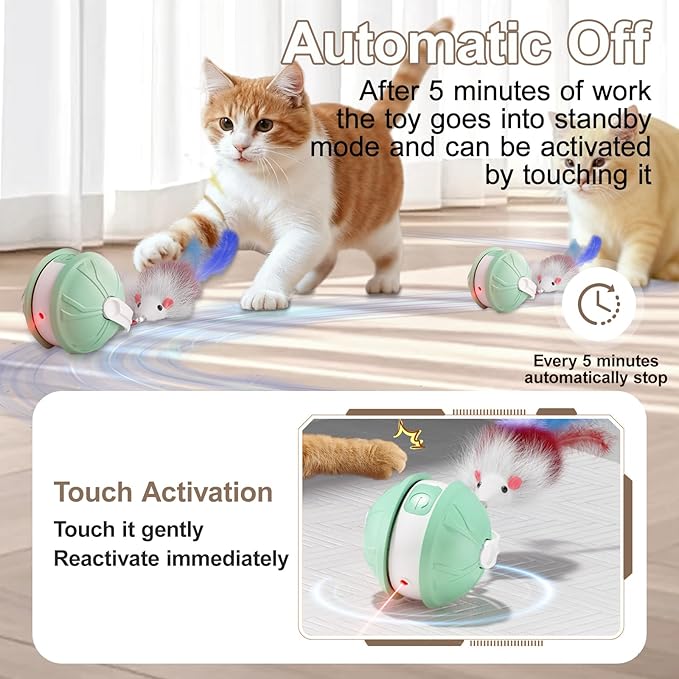 Interactive Cat Toy Ball - 2-in-1 Indoor Cat Toy with Feather Attachment and Laser Interactive Cats Balls, Moving Electric Rolling Ball Toys Designed for Bored Kittens and Adult Cats