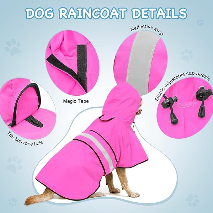 Fashion Hooded Dog Raincoat - Reflective Dog Rain Jacket Adjustable Puppy Raincoats Lightweight Pet Rain Coat for Small Dogs (Small, Pink)