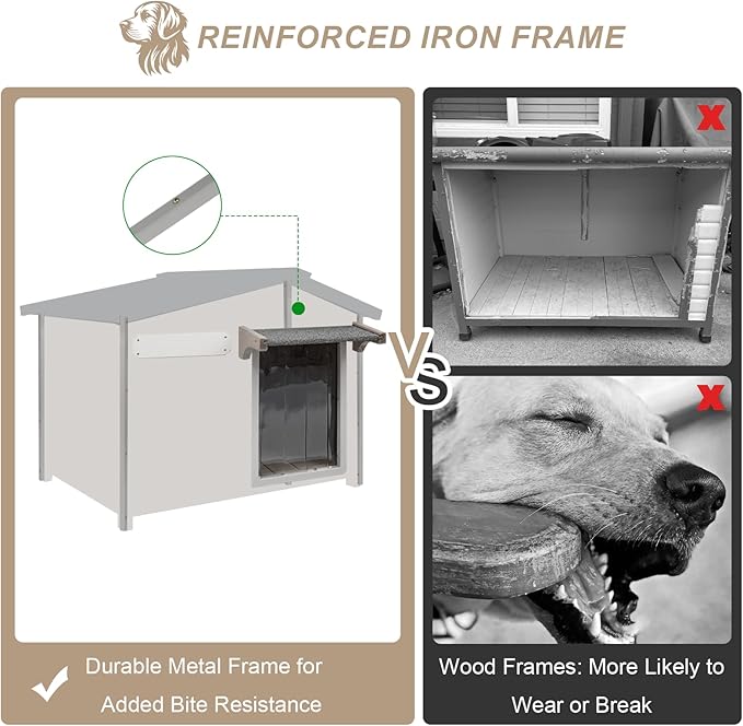 Outdoor Dog House with Reinforced Iron Frame, Wooden Kennel with Weather-Resistant Roof, Removable Floor, Vent Window & Easy Assembly, for Medium & Large Dogs, 40" L x 26" W x 33.5" H