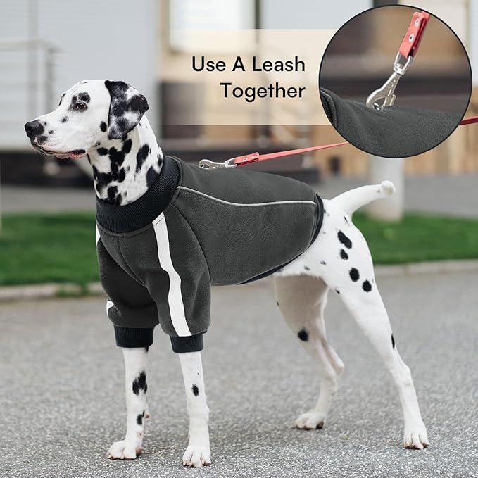 Queenmore Fleece Dog Sweater for Male Dogs, Soft Pullover Dog Sweatshirt with Leash Hole/Reflective Stripes – Cozy Winter Fleece Jacket for Small Medium Large Boy Puppy, Grey L