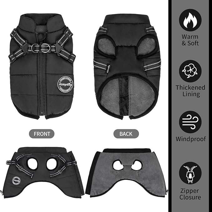 Warm Dog Jacket - Reflective Fleece Vest with Built-in Harness, Waterproof Windproof Snow Jacket for Small Medium Dogs, Black XS
