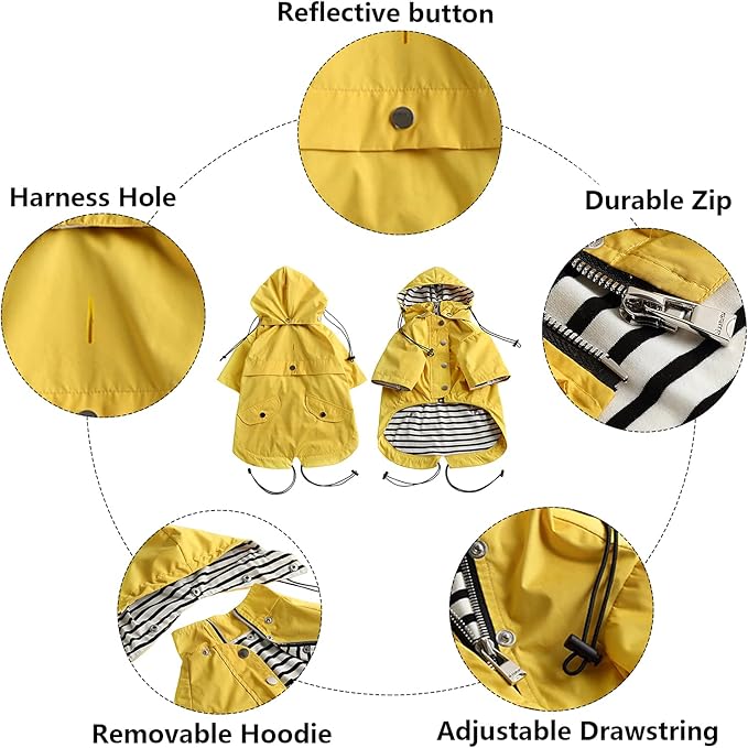 Morezi Dog Zip Up Raincoat with Reflective Buttons, Rain/Water Resistant, Adjustable Drawstring, Removable Hood, Raincoats with Legs 8lbs to 80lbs Available - Yellow - S