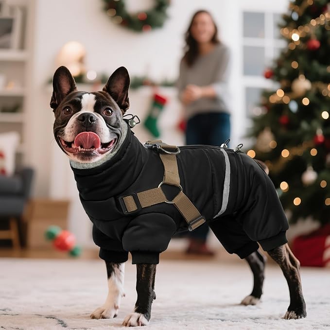 BRKURLEG Black Dog Coat with Harness, Dog Winter Jacket, Dogs Onesie Body Warm Jackets, Small Dogs Winter Coats Reflective Windproof Warm Cold Weather Coats, Pet Waterproof Jacket Hiking L