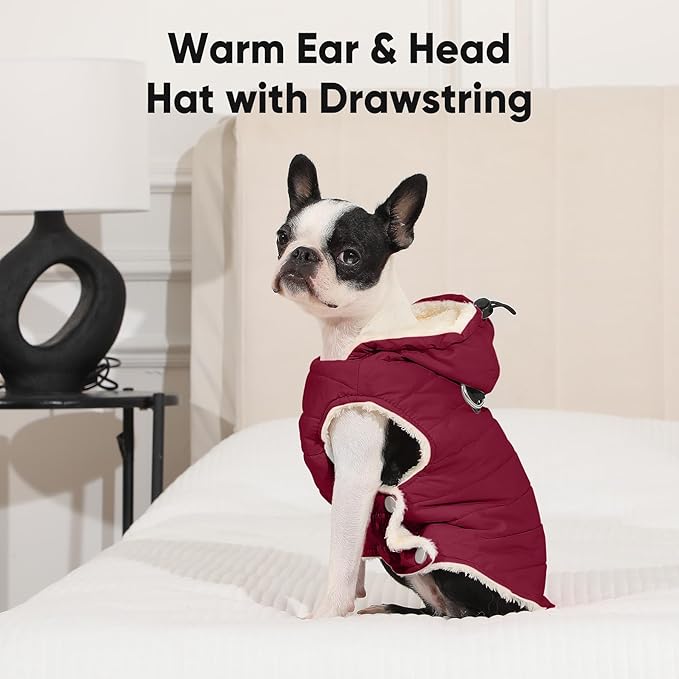 Fleece Lining Dog Hoodie with Harness Built in,Extra Warm Medium Dog Jacket in Winter Doggie Coats with Drawstring Hooded,Red L