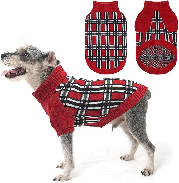 SCENEREAL Turtleneck Dog Sweater for Small Medium Large Dogs Girls Boys, Christmas Plaid Pullover Puppy Sweatershirt, Dogs Cold Weather Outfit Clothes, Ideal Gift for Pet in New Year, Red Plaid XS