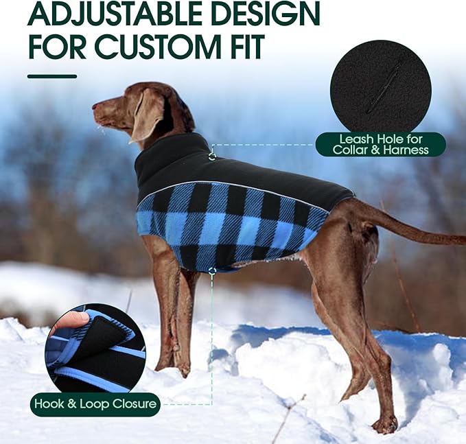 Kuoser Dog Winter Coat, Reversible Waterproof Dog Jacket with Reflective Strip, Warm Dogs Fleece Vest Adjustable Doggy Cold Weather Clothes Plaid Christmas Outfit Pet Apparel for Large Dogs, Blue XL