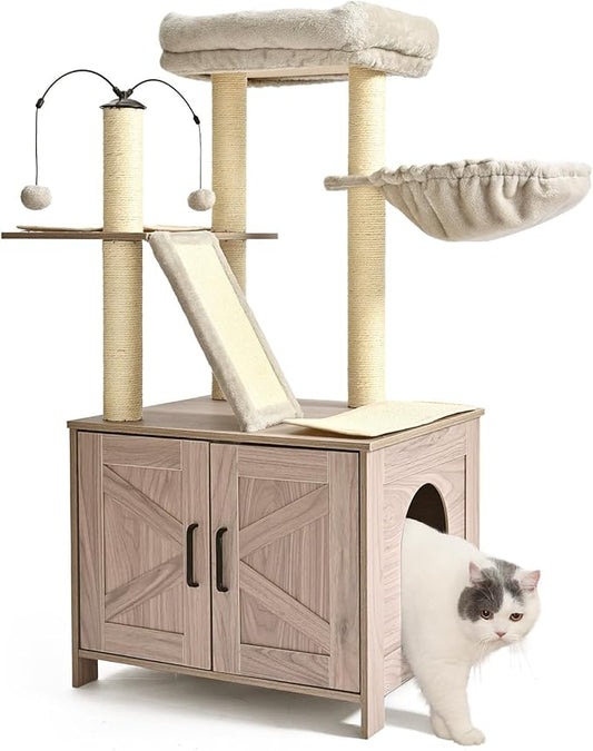 Amazon Basics Furniture Style Cat Tree with Litter Box Enclosure, Cat Tree with Scratching Posts, Sisal Pad, Cozy Perch and Hammock