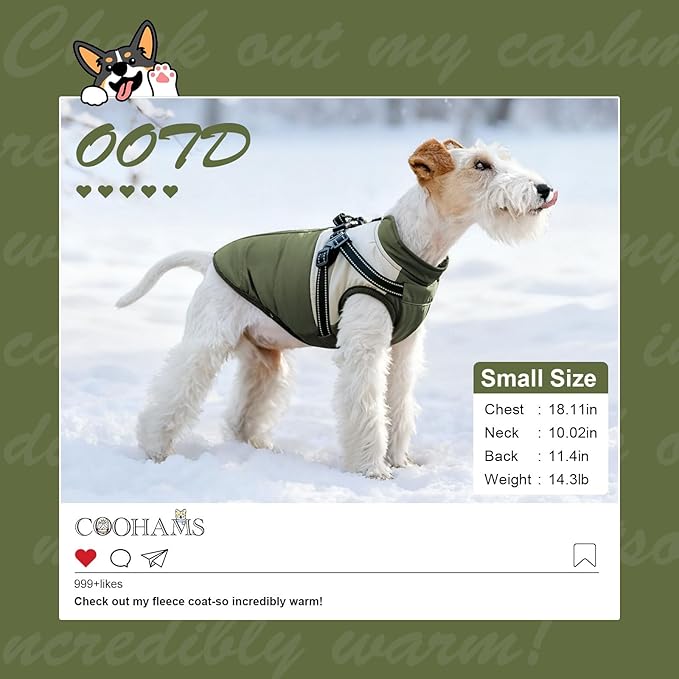 Dog Winter Coat for Small & Medium Dogs (Up to 31lb), Waterproof Dog Coat with Harness, Puppies Windproof Puppy Puffer Jacket, Snowsuit for Dachshund,Frenchie, Corgi (Classic Green, Large)