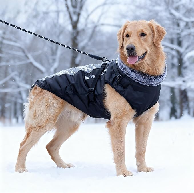 Dog Coat for Medium Large Dogs,Waterproof Reflective Dog Winter Jacket with Harness, Fleece Snowsuit,Warm Pet Winter Coat(Reflective blue-3XL)