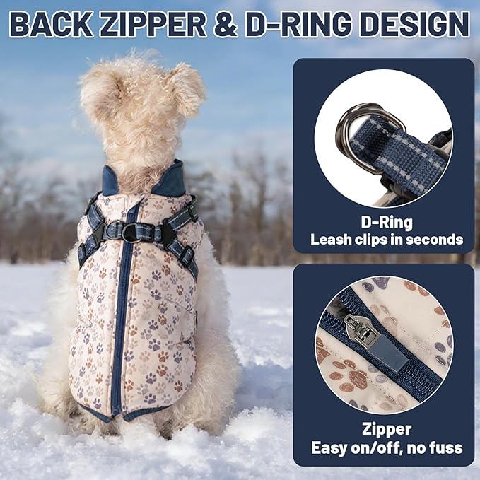 Dog Winter Coat for Small & Medium Dogs (Up to 31lb), Waterproof Dog Coat with Harness, Puppies Windproof Puppy Puffer Jacket, Snowsuit for Dachshund,Frenchie, Corgi (Paw Blue, Large)