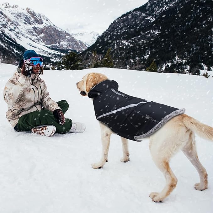 VIVAGLORY Snowrap Dog Coat, Jacket with Harness Hole & Velcro Closure, Dog Coat for Winter & Cold Weather, Fluffy Warm Fleece Lined Reflective Water Resistant for Puppy, L, Black