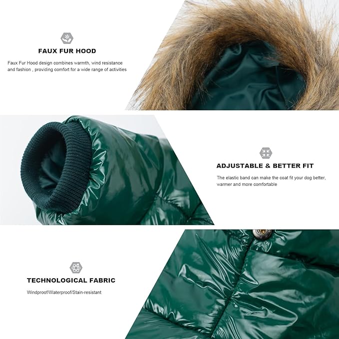 PINA Dog Winter Coat with Faux Fur Hood, Windproof and Warm, Suitable for Small to Large Dogs, Green, XL