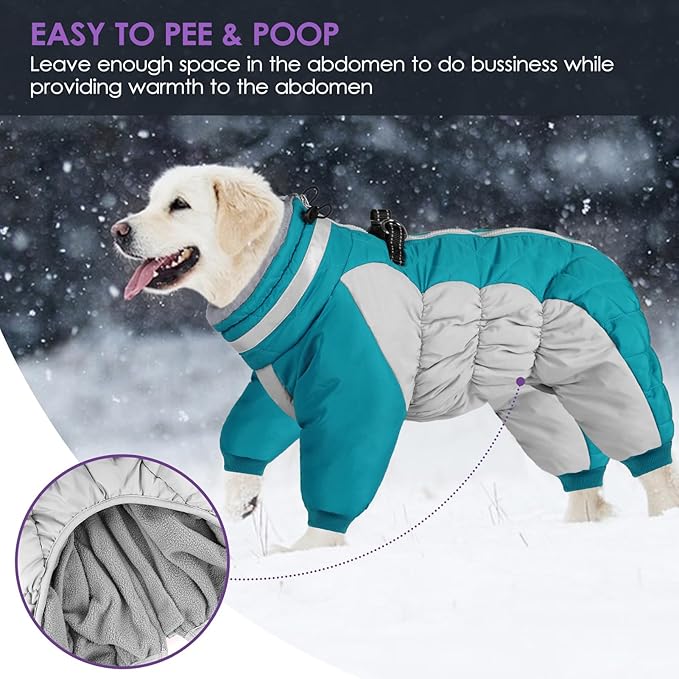 SUNFURA Full Body Dog Coat - Warm Fleece Jacket for Extra Large Dogs, Turtleneck Winter Coats with Harness, Reflective Dog Snowsuit Windproof Puffer Jackets with Legs for Great Dane, Turquoise 3XL