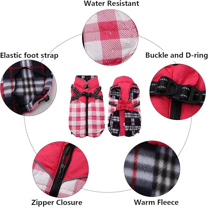 Dog Coat with Harness,Small Dog Winter Coat,Doggie Jackets with Built in Harness,Adjustable Warm Jacket for Medium Large Dogs,Pet Puppy Cold Weather Coats for Dogs Waterproof (PlaidPink, Small)