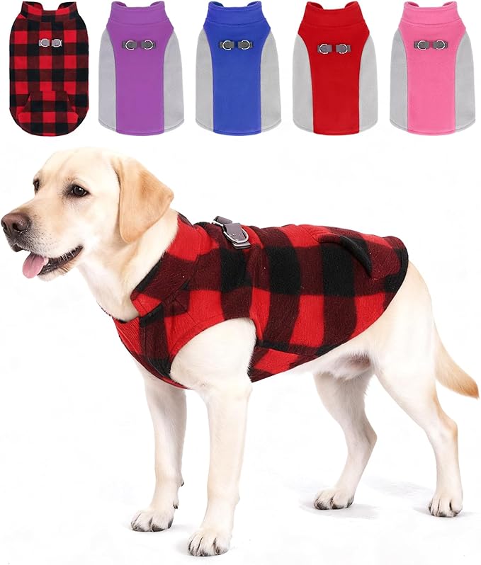 KOOLTAIL Dog Fleece Vest Sweater, Warm Puppy Christmas Jacket with Dual Leash D-Ring and Pocket for Small Medium Large Dogs, Soft Pet Winter Cold Weather Coats Fall Clothes Hoodie Boy Girl,Red Plaid L