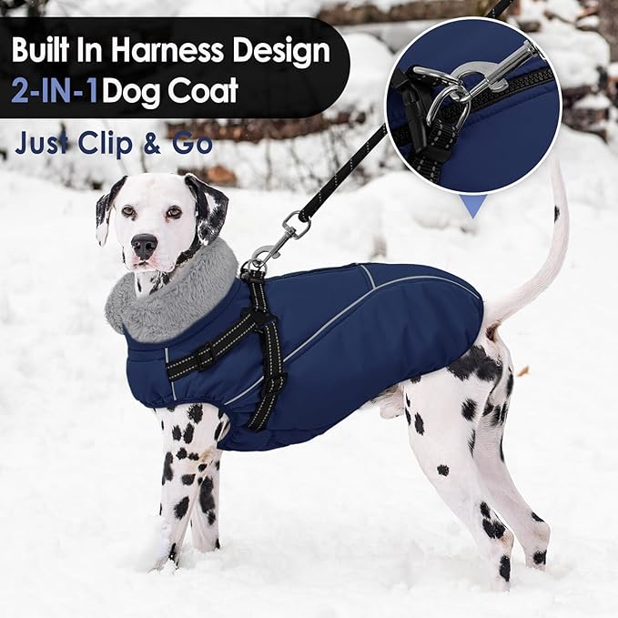 AOFITEE Dog Coat for Large Dogs, Waterproof Dog Jacket Winter with Harness Built in, Warm Fleece Pet Puffer Jacket with Zipper, Cold Weather Coats for Dogs, Reflective Pet Snowsuit, Blue XXL