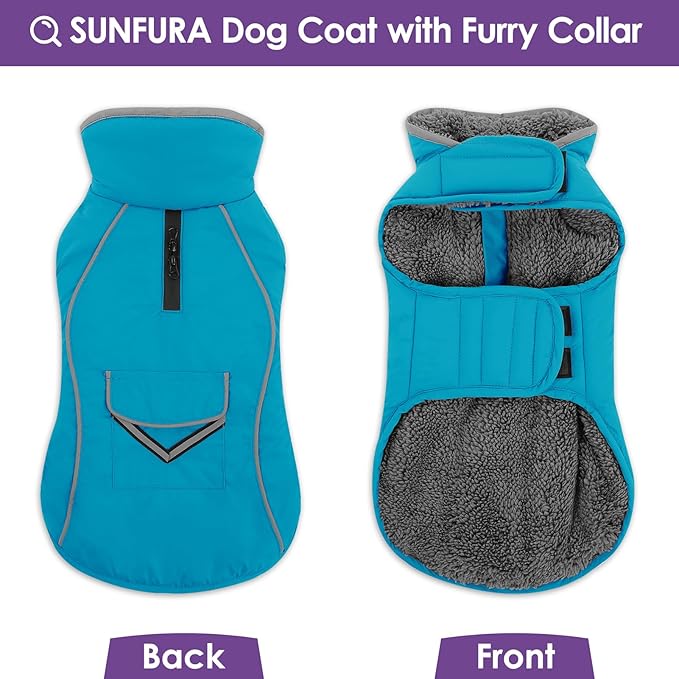 SUNFURA Large Dog Coat, Warm Dog Winter Coat Jacket with Thick Furry Collar, Adjustable Pet Fleece Jacket Turtleneck Snowsuit for Large Dogs for Chilly Day, Turquoise XL