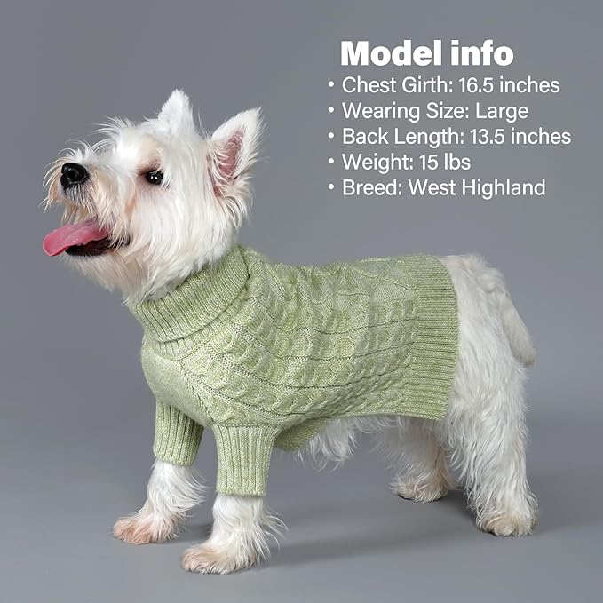 KYEESE Dog Sweater for Small Dog, Turtleneck Pet Coats Classic Cable Knit Warm Dogs Clothes Pet Knitwear Small Dogs Sweater with Long Sleeve for Cold Weather, Green, Medium