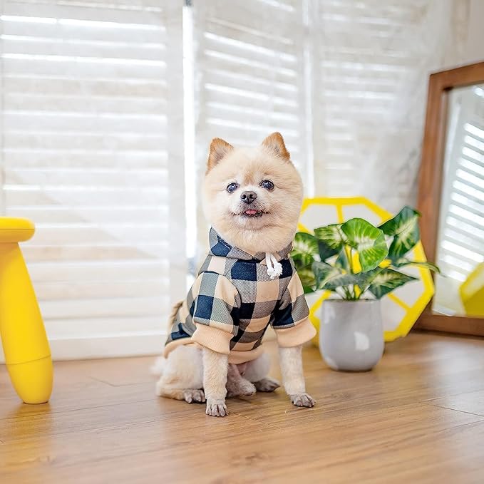 KOOLTAIL Plaid Dog Hoodie Pet Clothes Sweater with Hat and Pocket for Small Medium Large Size Dogs, Soft Winter Warm Dog Cold Weather Coat, Fleece Fall Dog Hooded Sweatshirt for Puppy Cats, Beige SM
