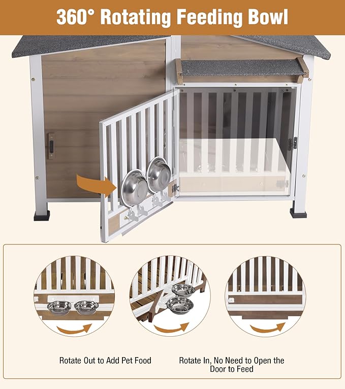 GUTINNEEN Heated Dog House Outdoor with Electric Heating Pad, Insulated Wooden Dog Kennel with 360° Rotating Feeding Bowl, Anti-Chewing Metal Frame, Brown