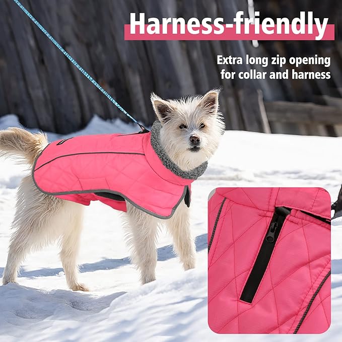 Fragralley Dog Coat Large, Waterproof Dog Jacket with Warm Fleece Lining, Adjustable Reflective Dogs Winter Coat, Turtleneck Pet Coats for Cold Weather (Pink L)