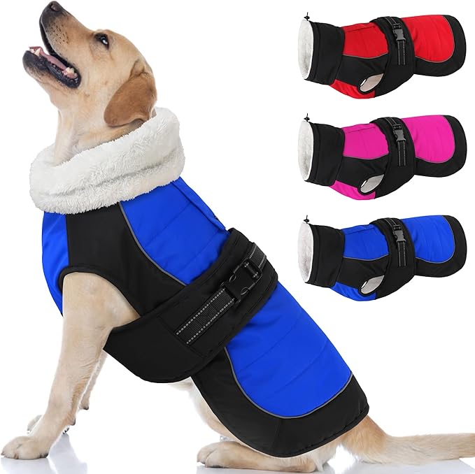Dogcheer Waterproof Dog Coat, Christmas Dog Winter Jacket, Adjustable Puppy Fleece Coat for Cold Weather, Reflective Turtleneck Snow Jacket for Small Medium Large Dogs - Blue, 3XL