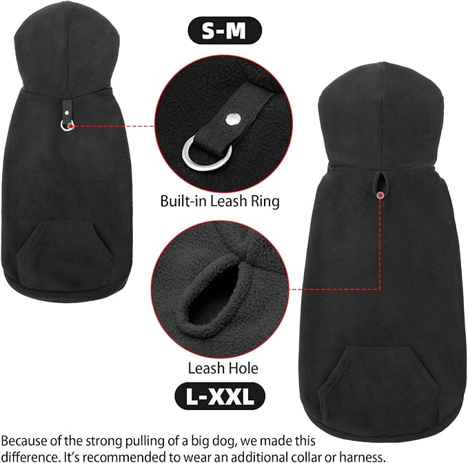 EXPAWLORER Dog Hoodie Fleece Sweater Vest, Hooded Dog Sweatshirt Fall Winter Pet Clothes with Leash Hole, Sleeveless Warm Cozy Puppy Clothing for Cat Small Medium Large Dogs Girl Boy, Black L