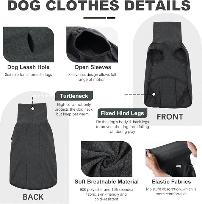 ROZKITCH Soft Dog Sweater Pullover Pajamas, Pet Windproof Warm Cold Weather Jacket Vest Cozy Jumpsuit Apparel Outfit Clothes for Walking Hiking Travel Sleep Black M
